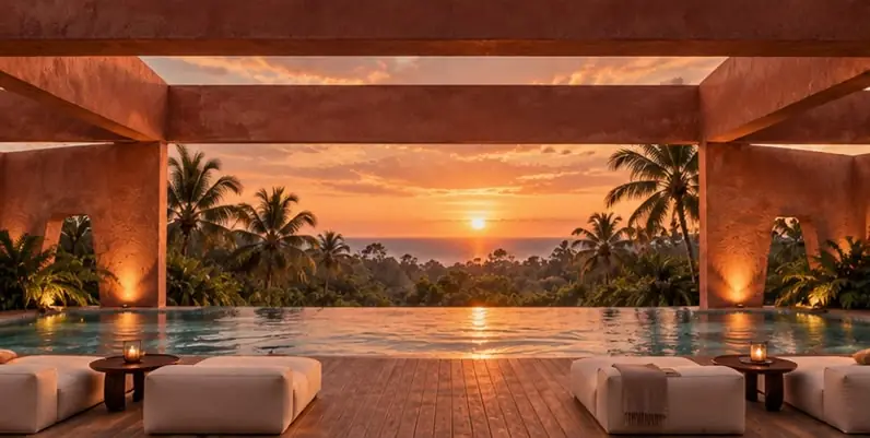 Rooftop pool framed by the terracotta canopy at sunset