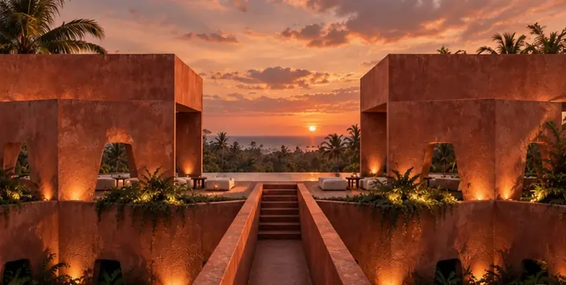 Rooftop terraces and stair at sunset