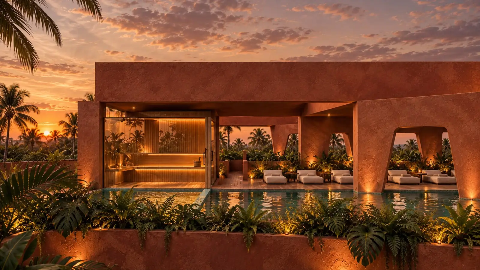 The rooftop sauna and pool at SIR at sunset
