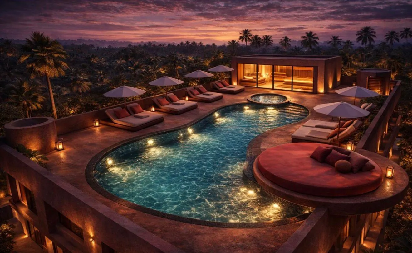 Giselle rooftop pool, daybeds and wellness pavilion at night