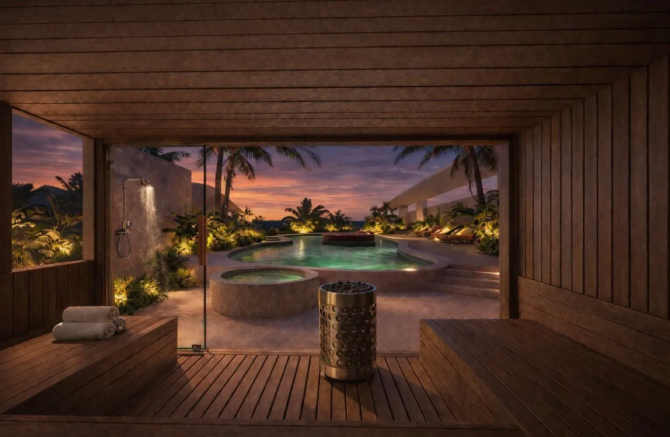 Giselle rooftop sauna and plunge pool at dusk