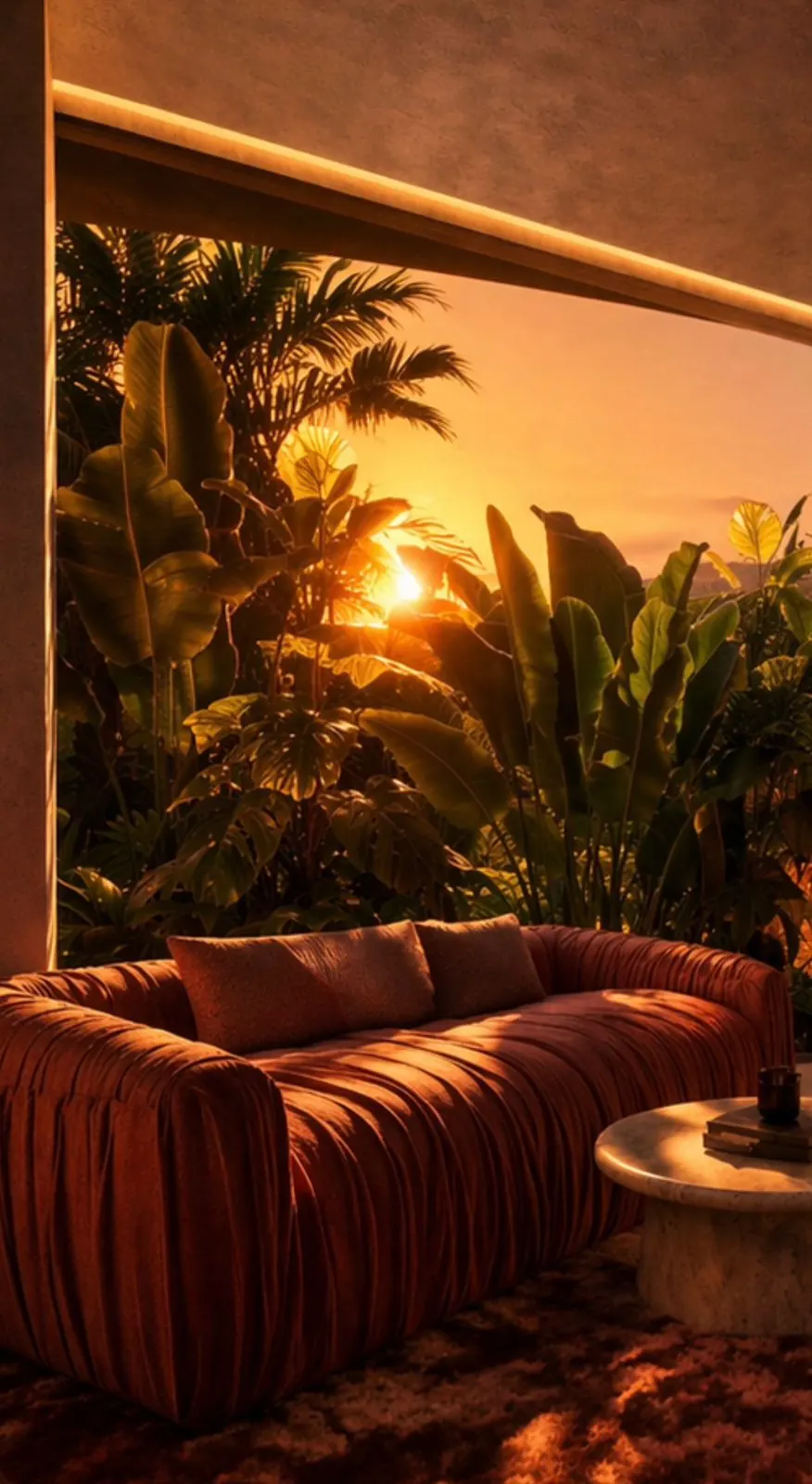 Sunset through tropical planting at Giselle