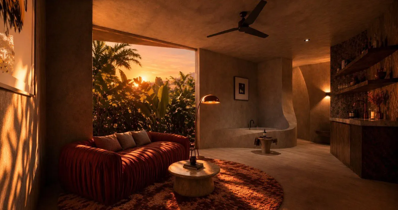 Giselle apartment lounge at golden hour