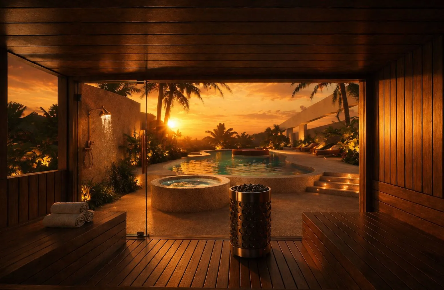 Giselle rooftop sauna looking out to the pool at sunset