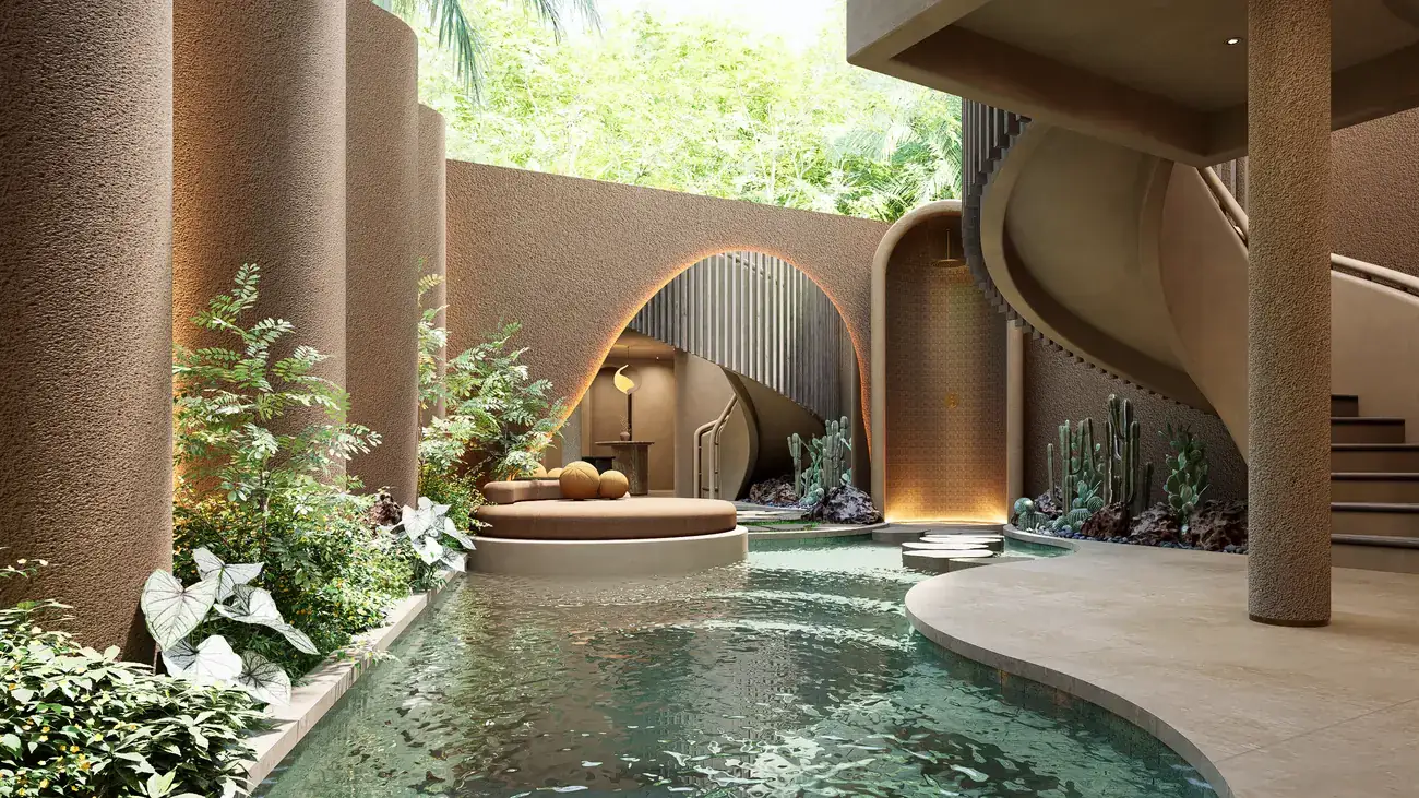 One bedroom villa pool with arch and stepping stones