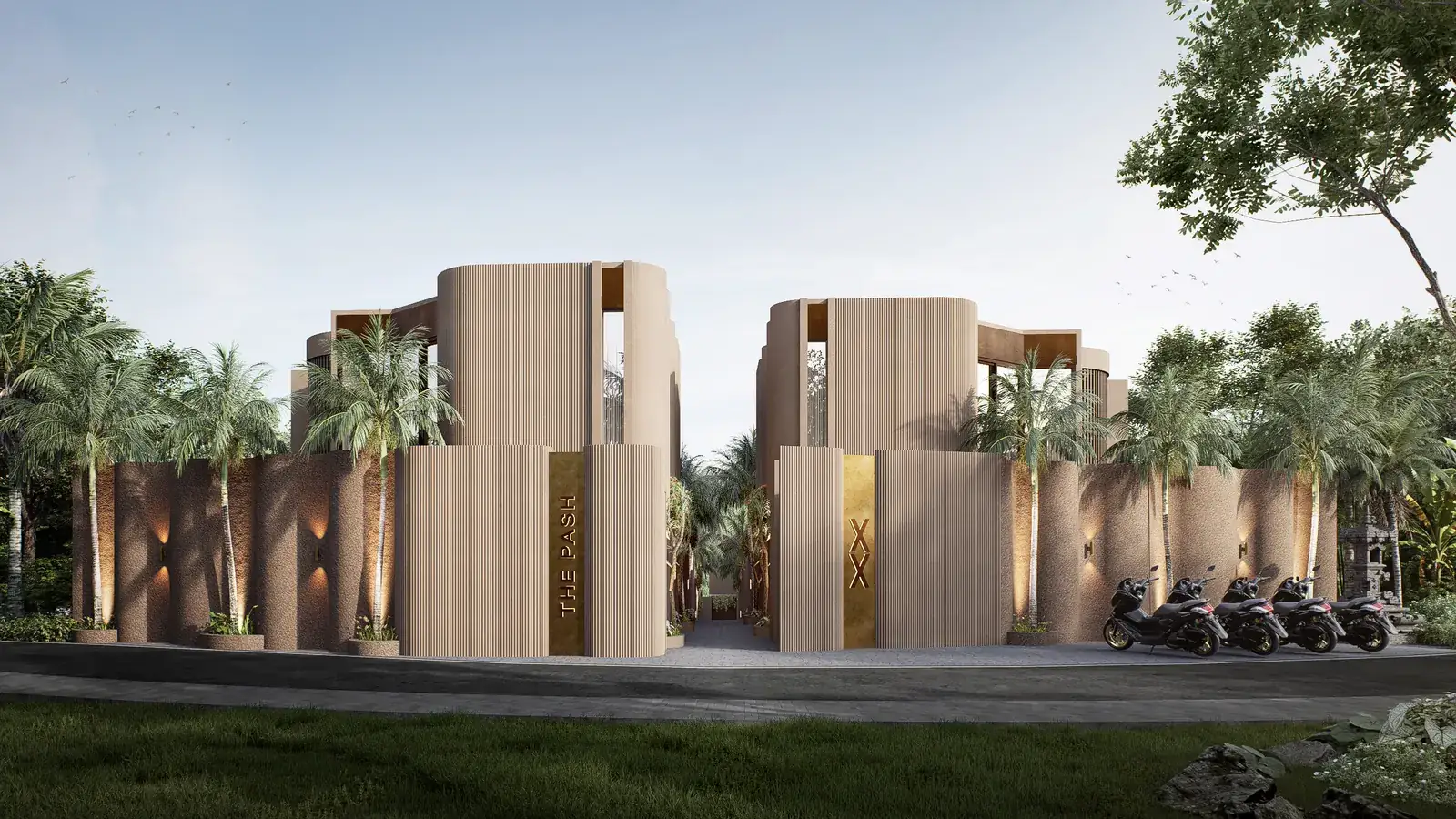 The Pash from the street, curved fluted towers and palms