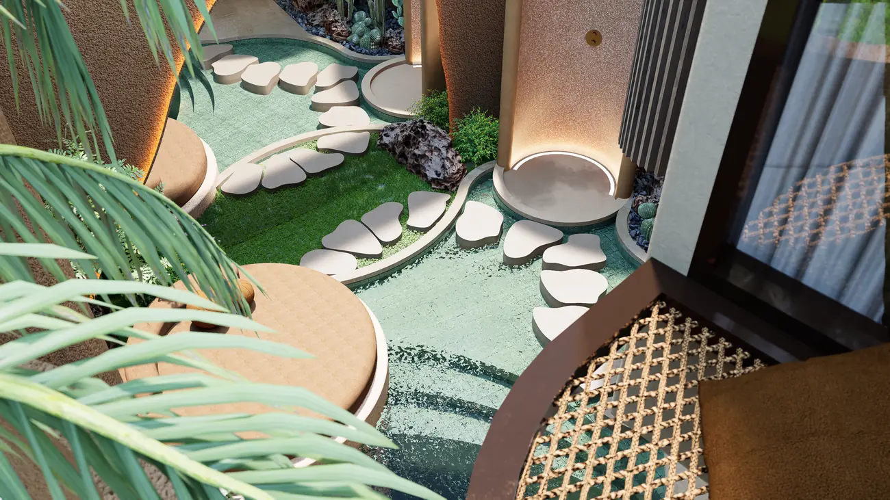 Suspended hammock over the pool garden