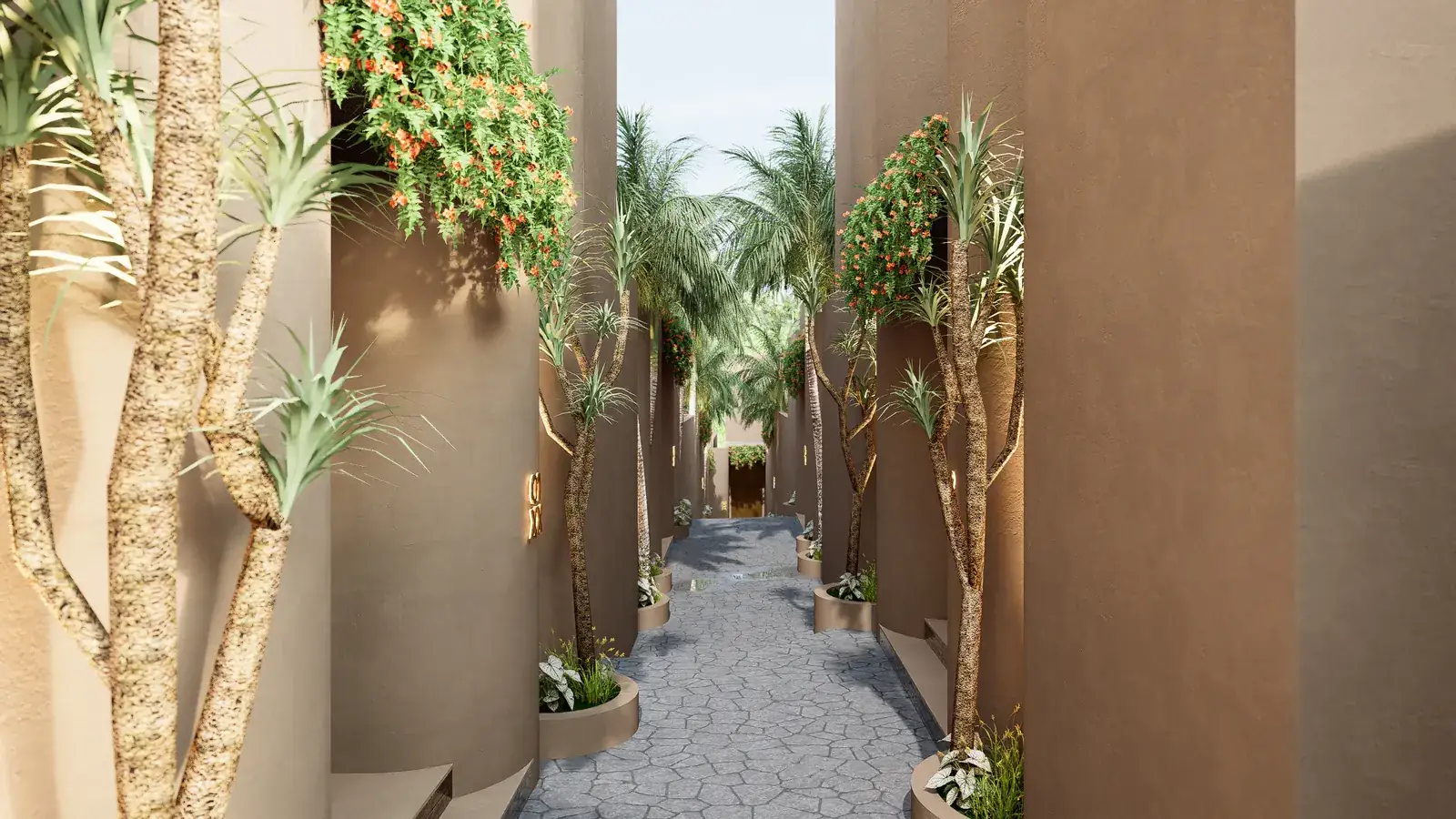 Planted laneway between villas