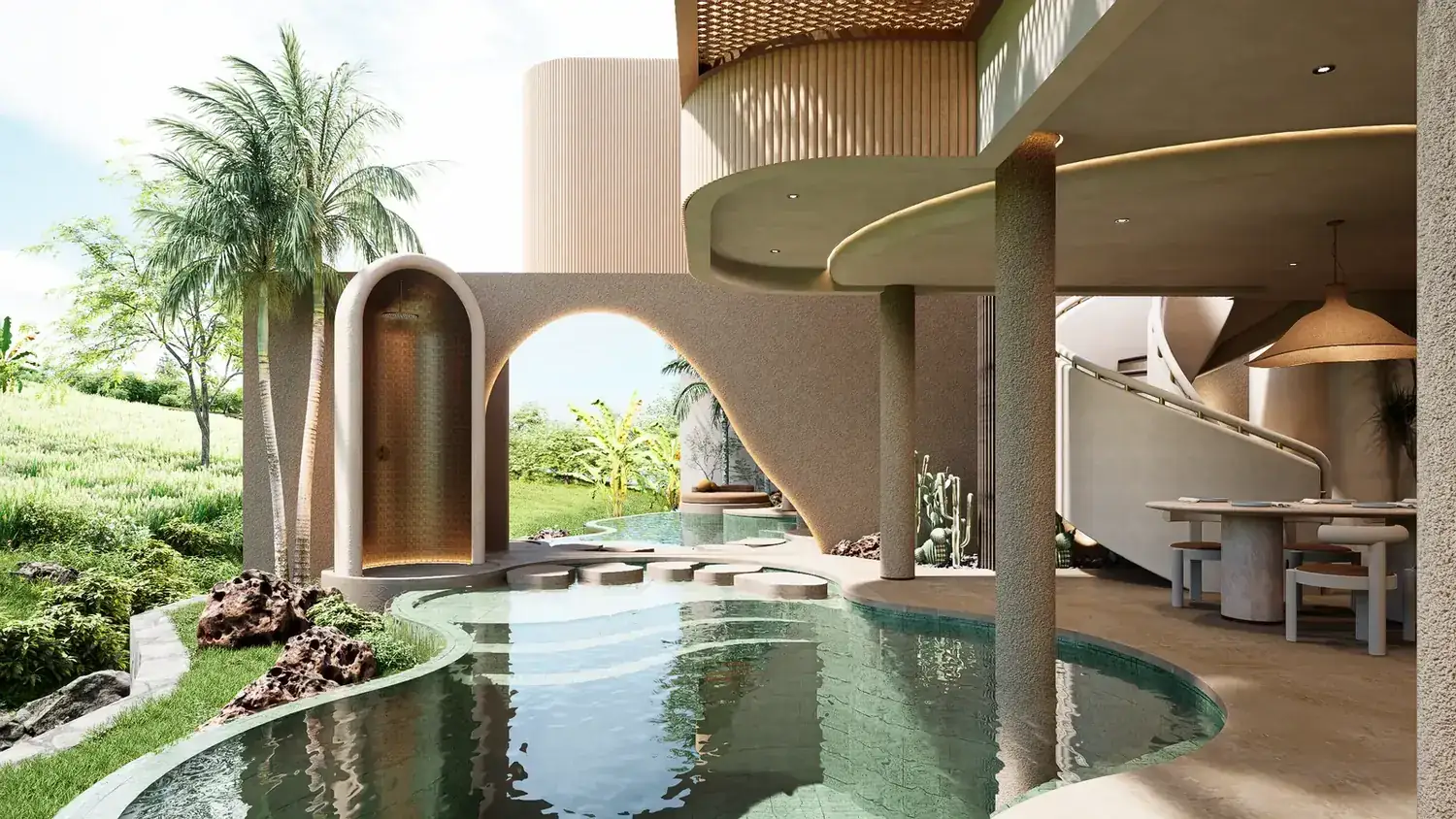 The Pash villa pool with stepping stones and outdoor shower cocoon