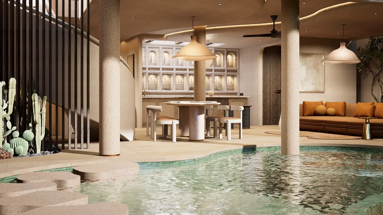 Pool running alongside the dining room